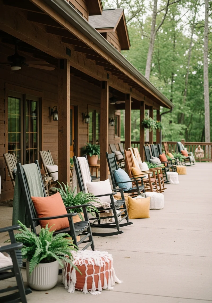 A large mountain lodge with a spacious porch and rocking chairs.