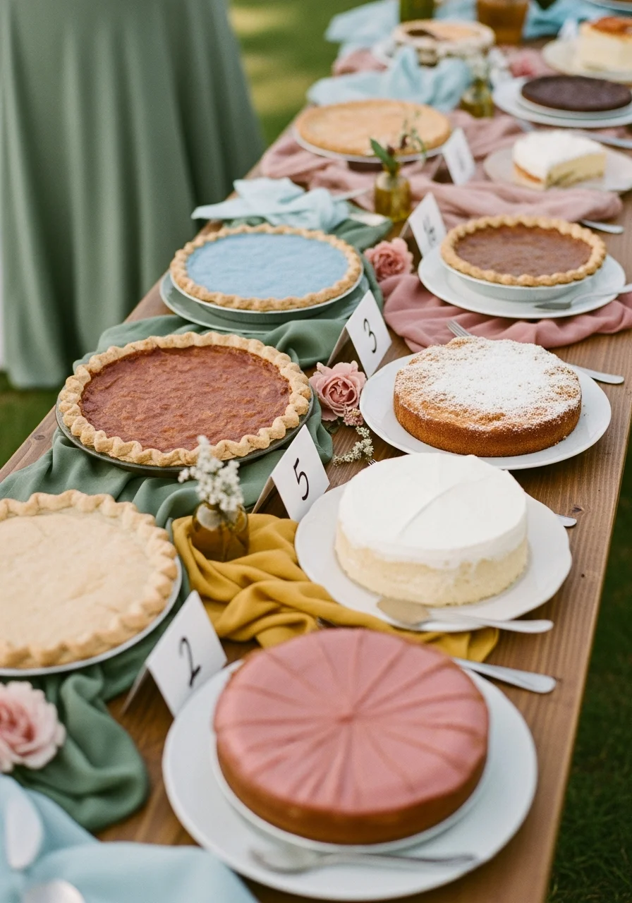 A dessert contest table with numbered cakes and pies.