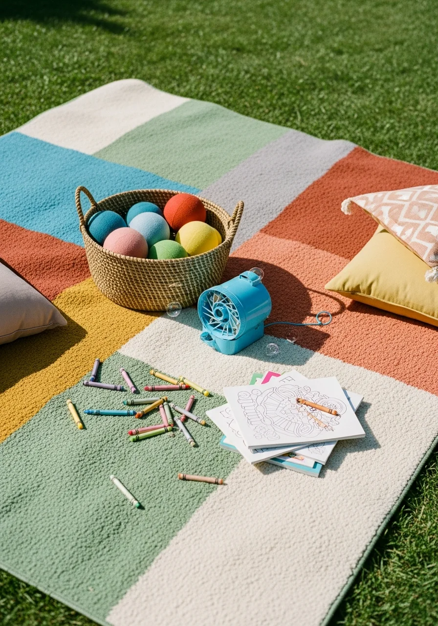 A dedicated children's play area on a lawn with toys and books.