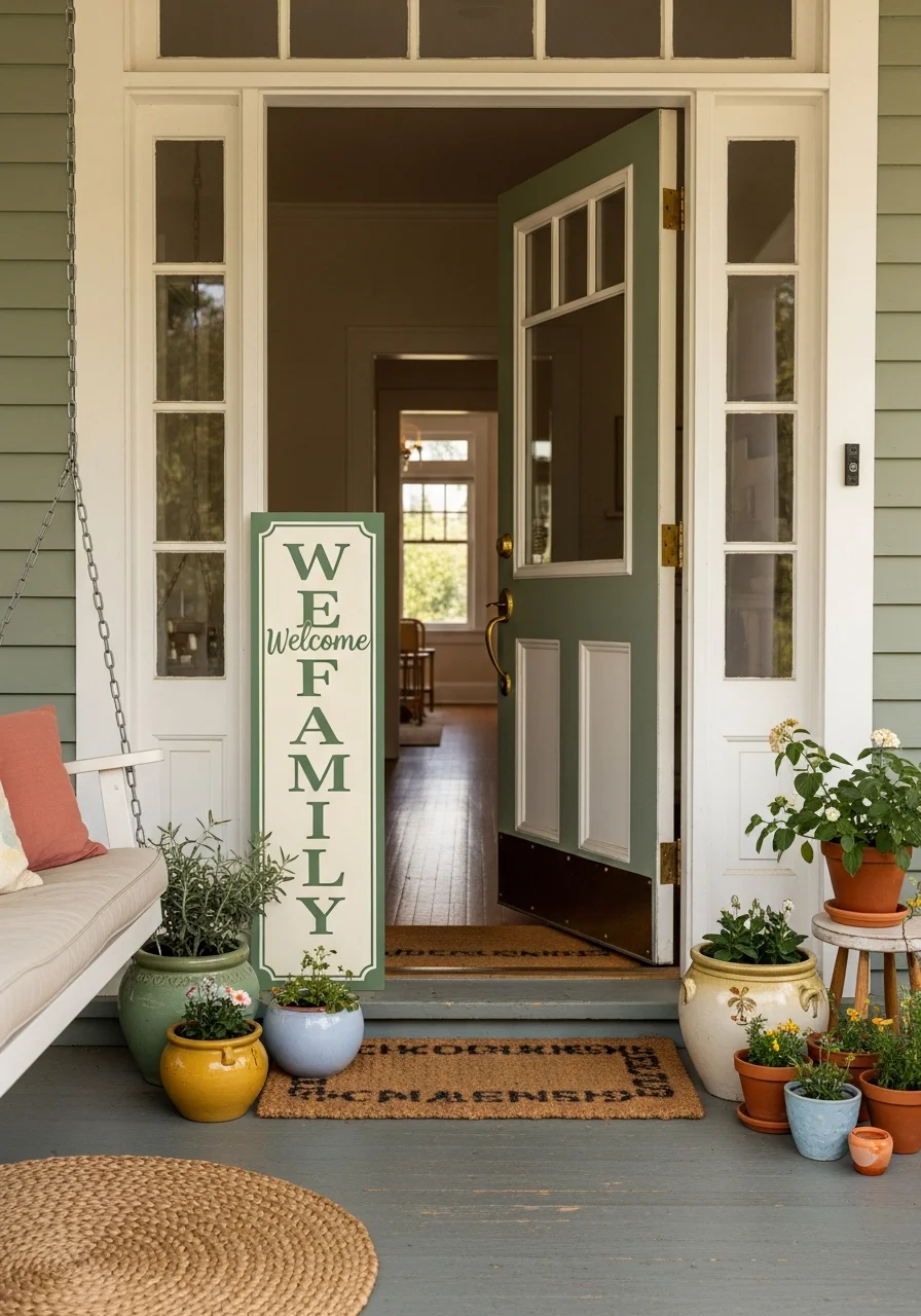A welcoming front porch with a sign for a family reunion open house.