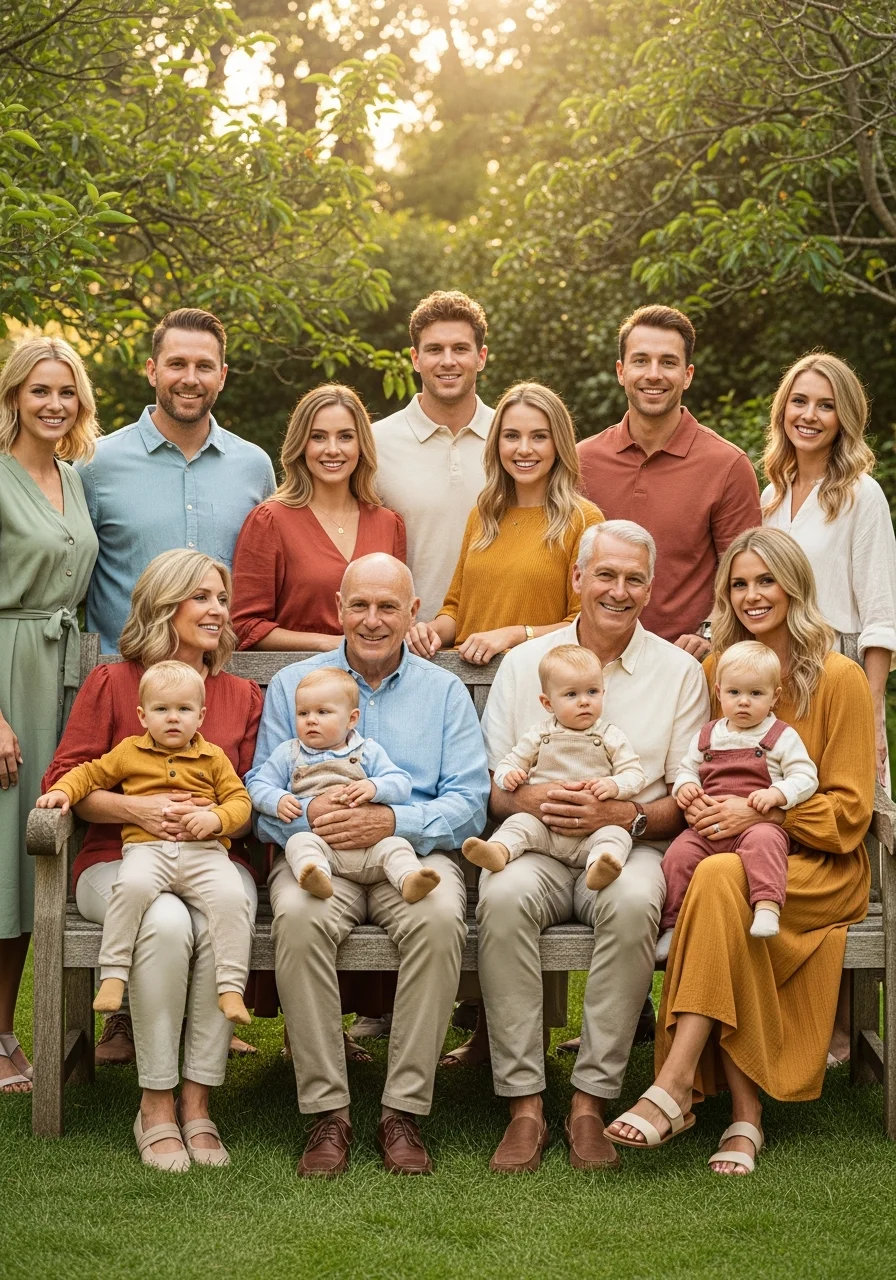 A group of family members posed for a portrait in a garden.