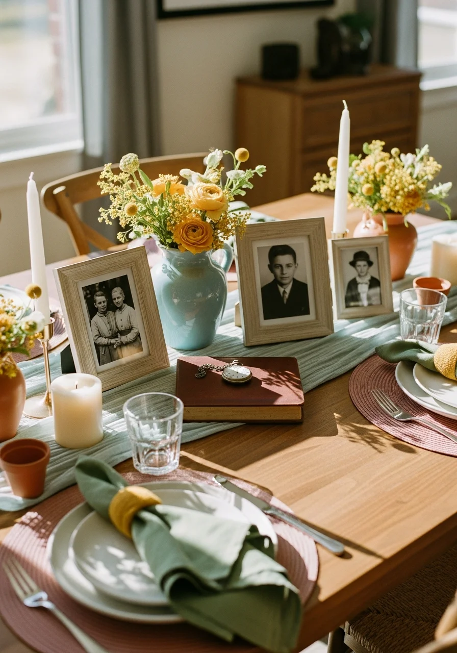 A nostalgic memory table with vintage photos and family artifacts.