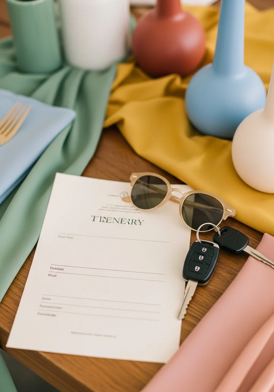 A printed weekend itinerary and travel essentials on a table.