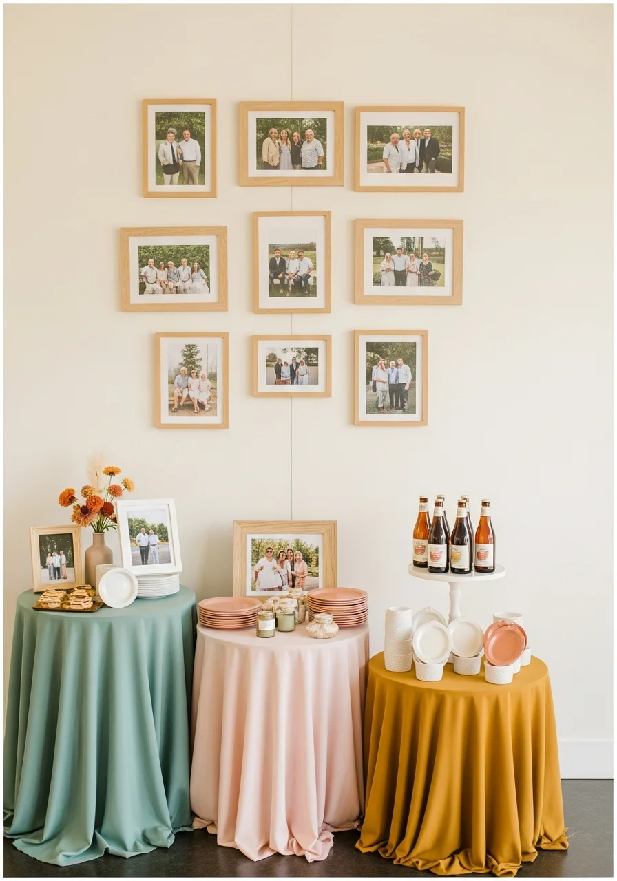 A gallery wall of family photos in simple wooden frames.
