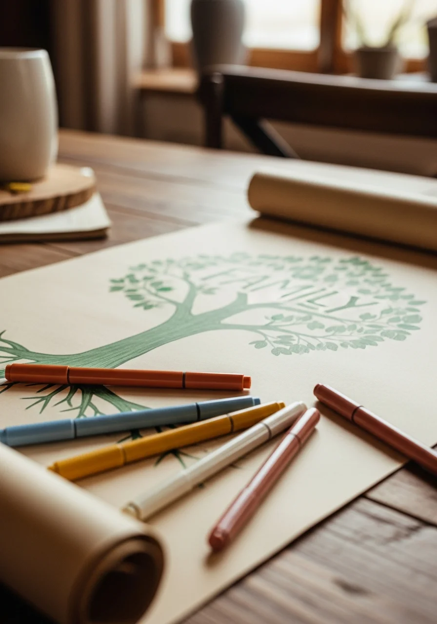 A hand-drawn family tree on a paper scroll with markers for guest input.