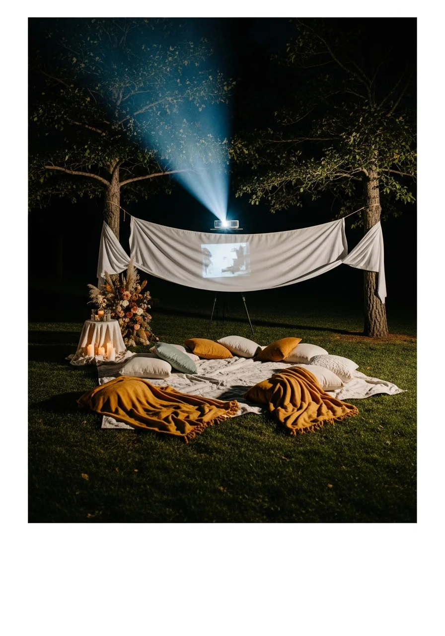 An outdoor cinema setup with a sheet screen and blankets on the grass.