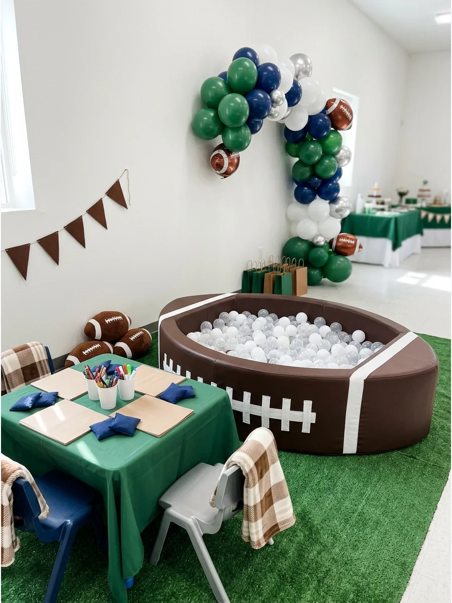 Football-Shaped Ball Pit first year down football birthday