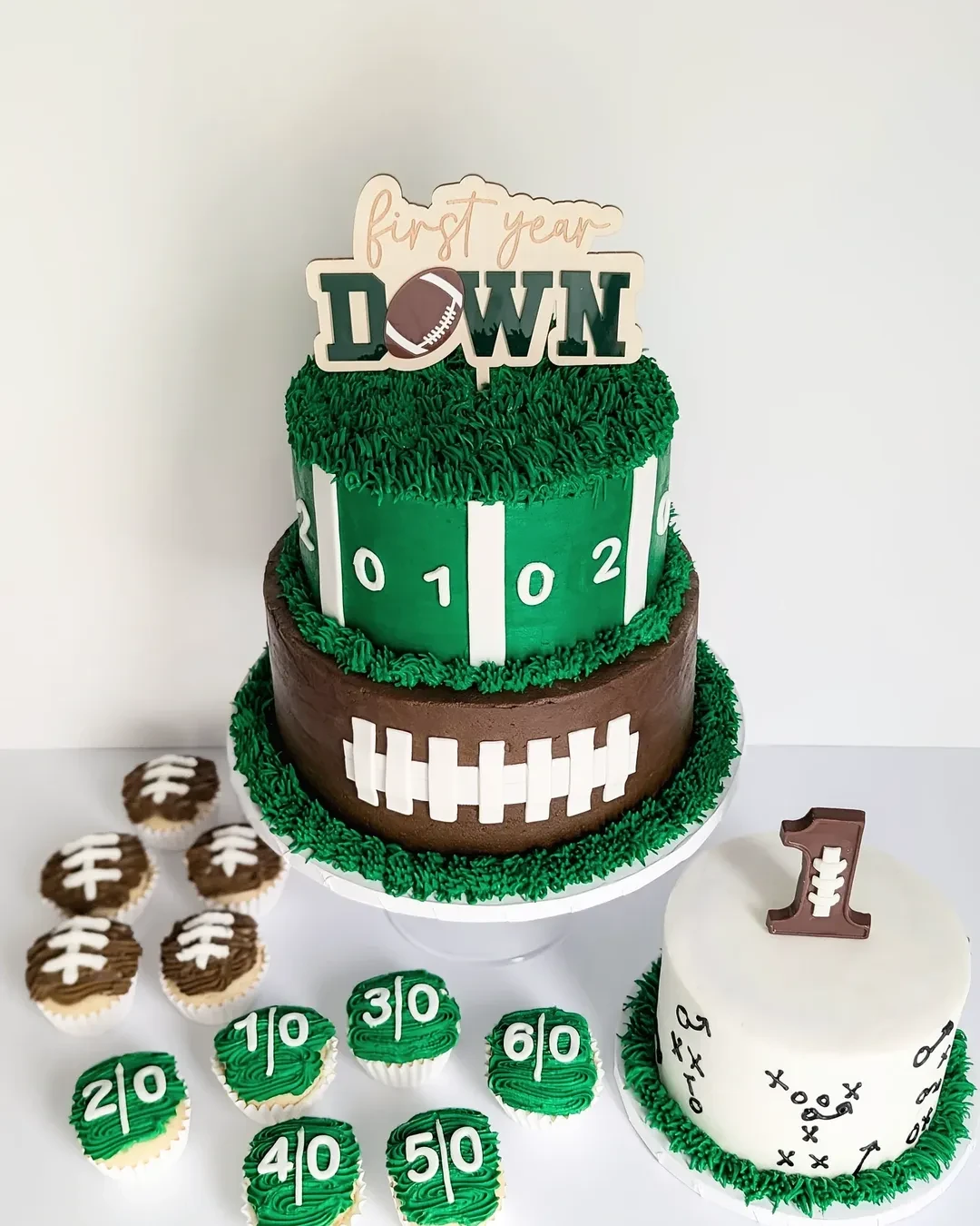 Field and Pigskin Cake Duo first year down football birthday
