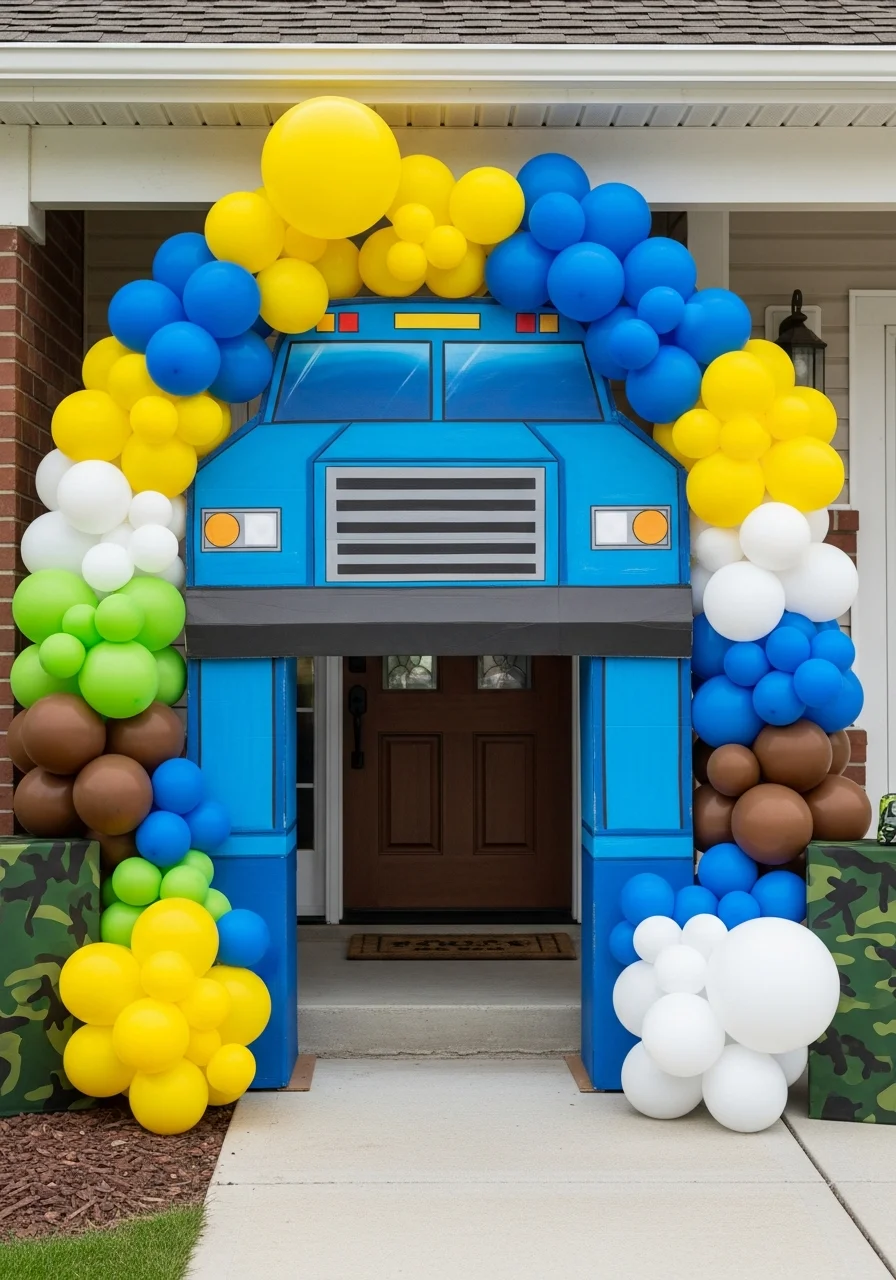 A DIY cardboard archway painted like a blue bus with yellow and blue balloons at a front door.
