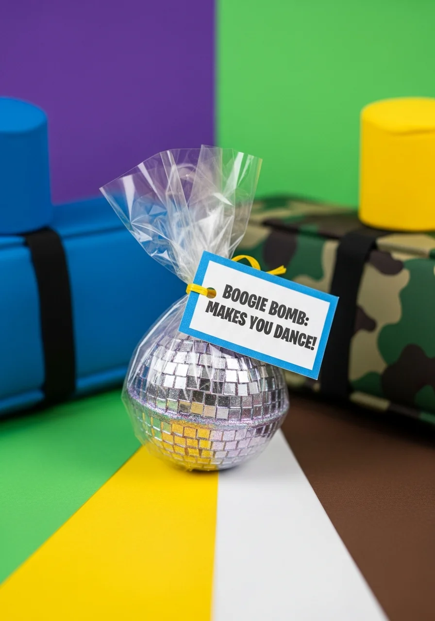 Sparkly disco ball bath bombs wrapped in cellophane with themed tags.