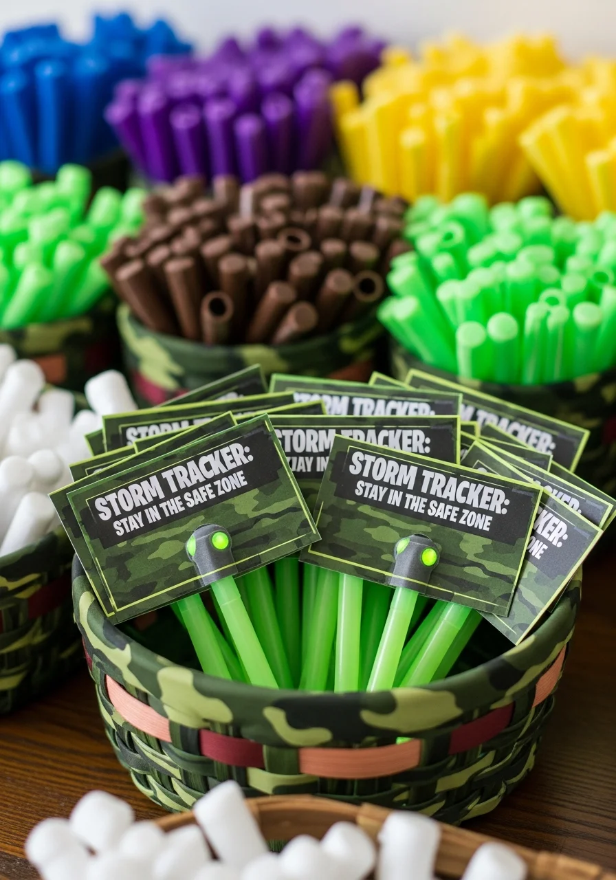Neon green glow sticks on cards labeled as storm trackers in a basket.