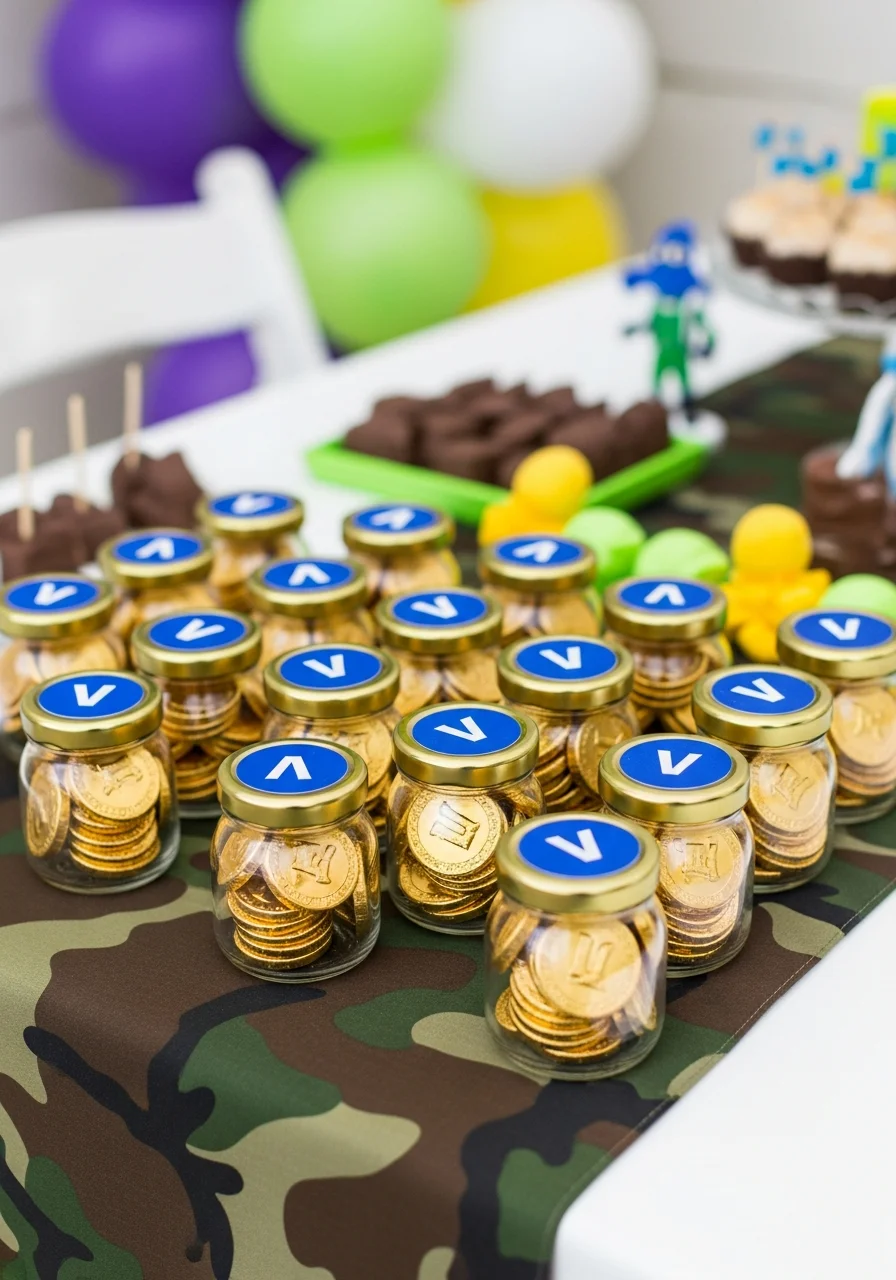 Small jars of gold chocolate coins with blue V stickers on the lids.
