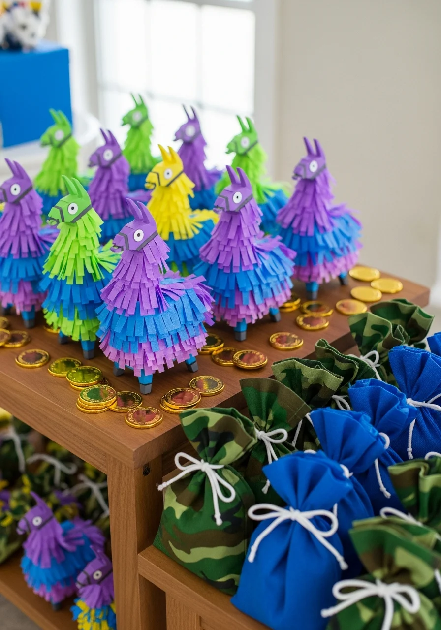 Miniature llama pinatas with purple and blue fringe on a party table.