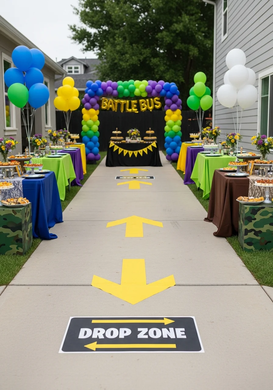 Yellow arrow floor decals on a driveway leading toward a party area.