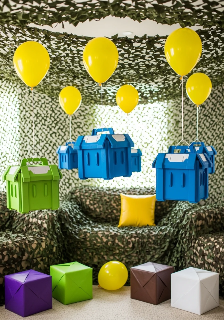 Blue cardboard boxes hanging from yellow helium balloons against a ceiling.
