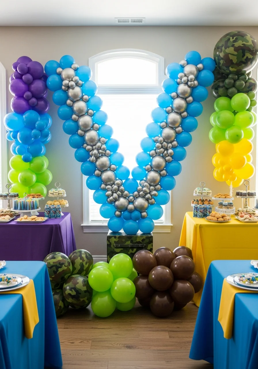 A large V-shaped balloon mosaic made of silver and light blue balloons.