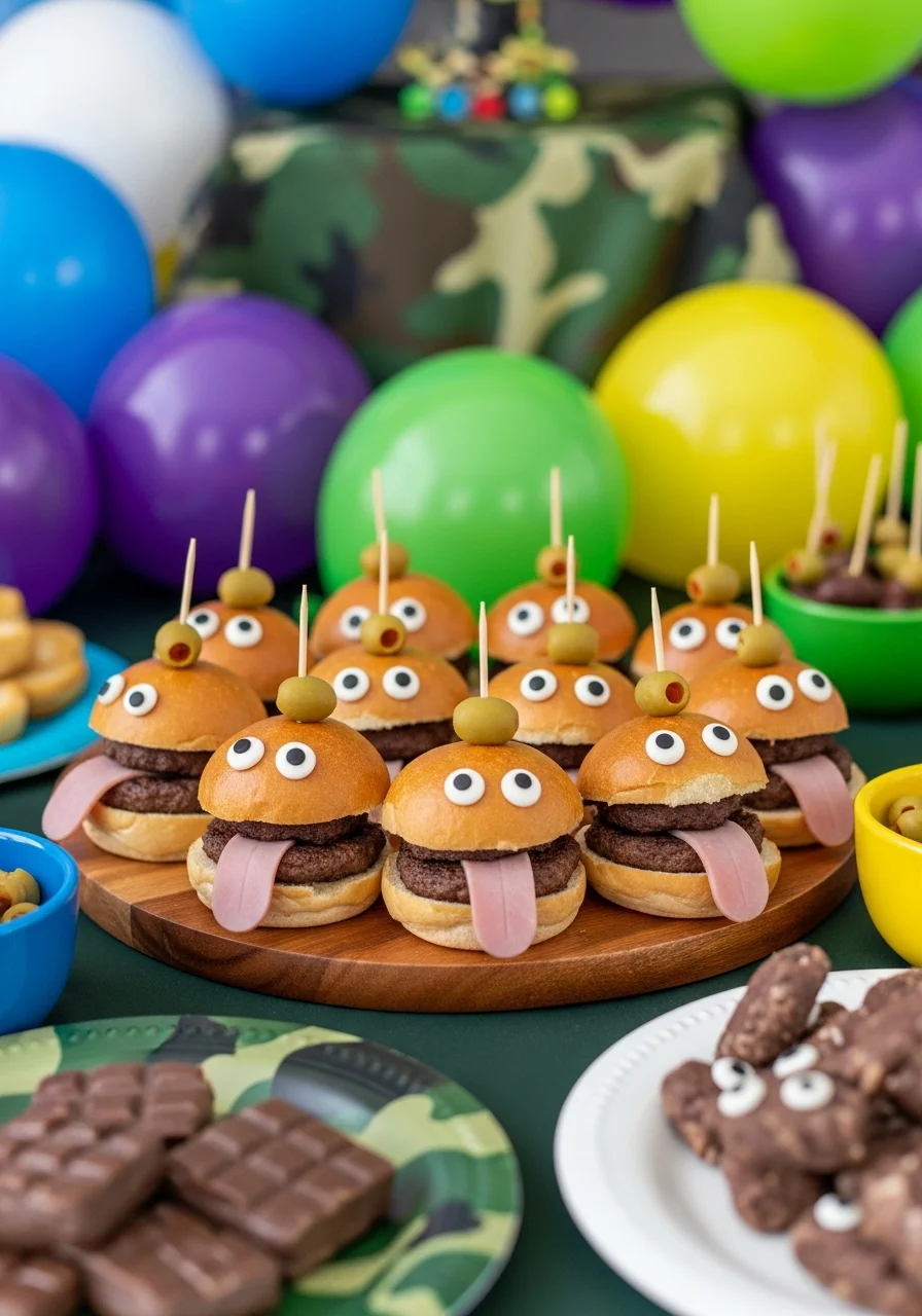 Mini beef sliders decorated with olive eyes and ham tongues to look like game characters.