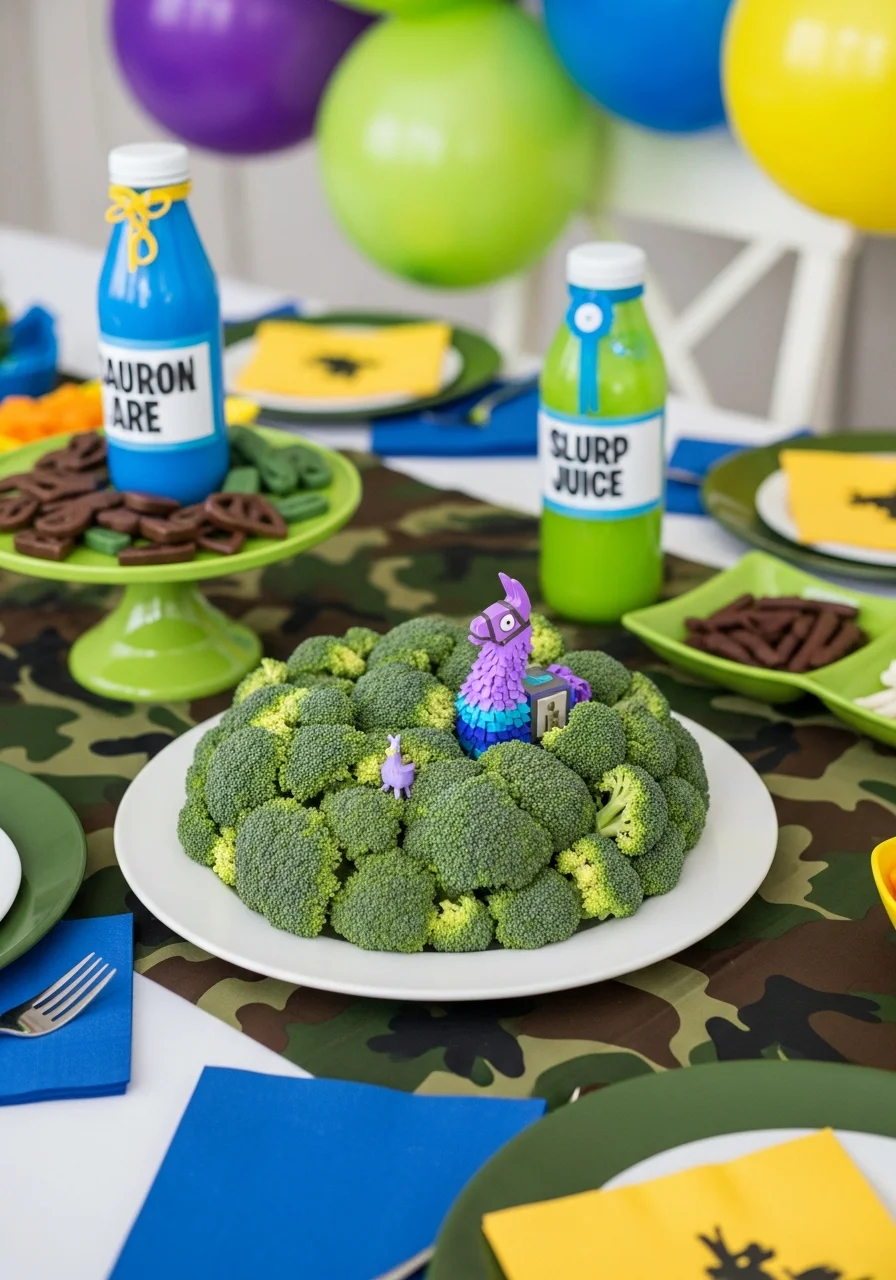 A circular broccoli veggie tray with a small purple llama toy hidden in the center.