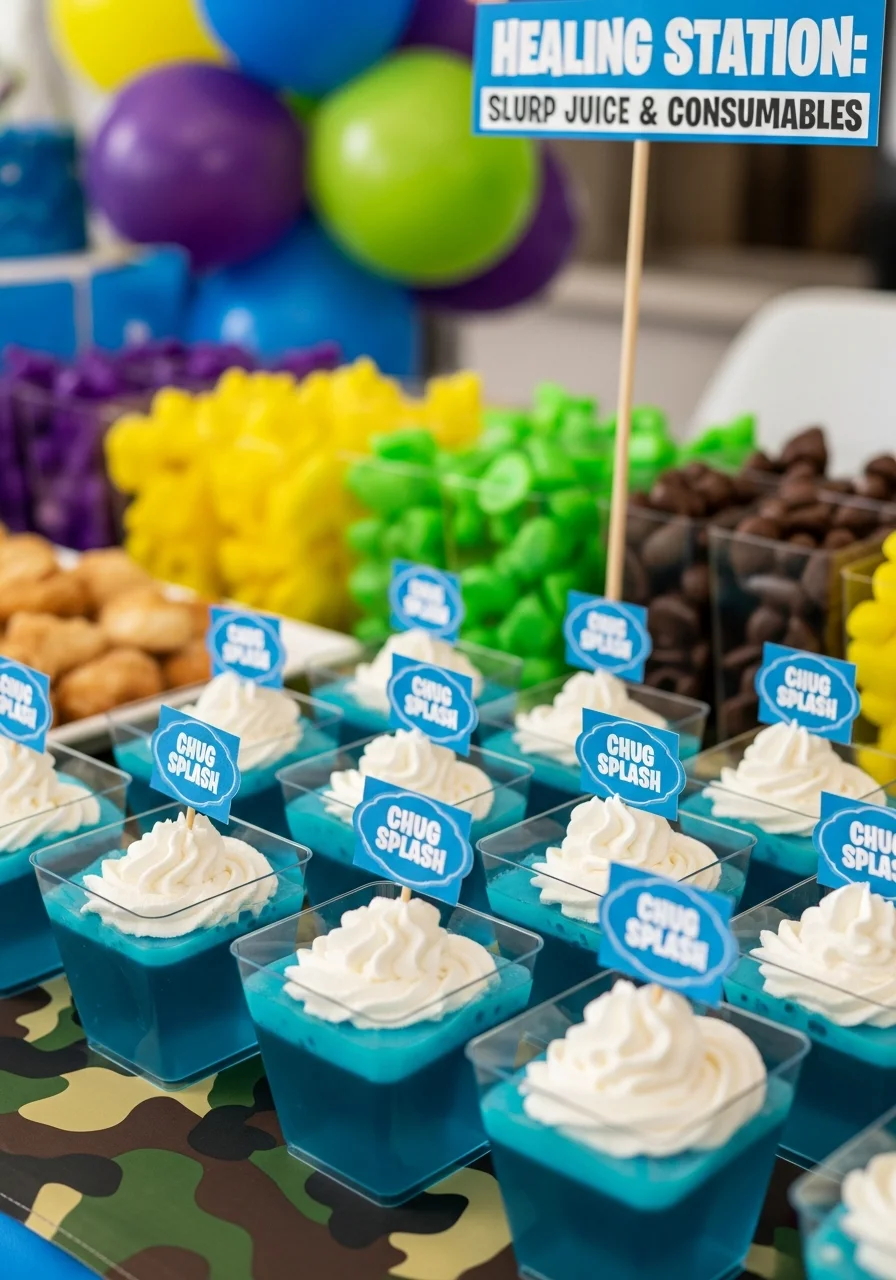 Clear cups of blue jello topped with whipped cream and themed labels.