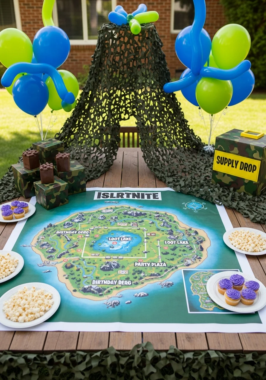 A tea-stained paper map of a backyard with game-style location names.