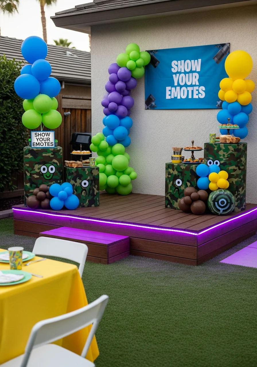 A small wooden stage with purple LED lights and a sign for a dance competition.