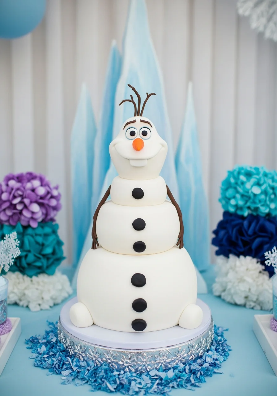 A three-tier white spherical cake sculpted to look like Olaf with black buttons and an orange nose.