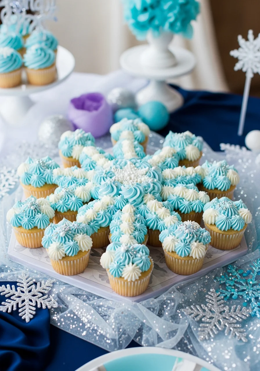 Twenty-four cupcakes arranged and frosted to look like a large blue and white snowflake.