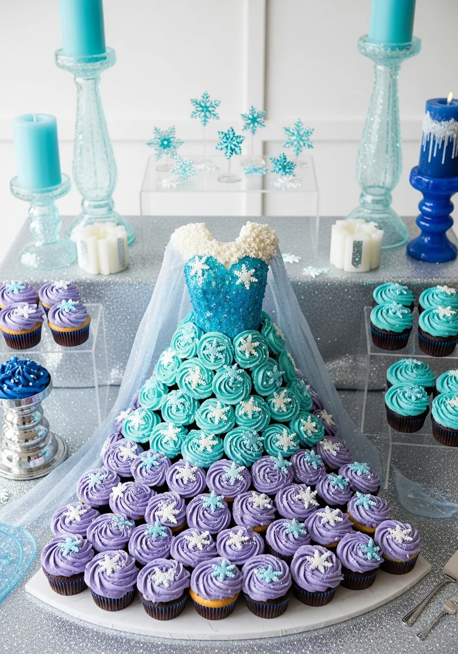 Cupcakes arranged in a dress shape with a teal to lavender frosting gradient.