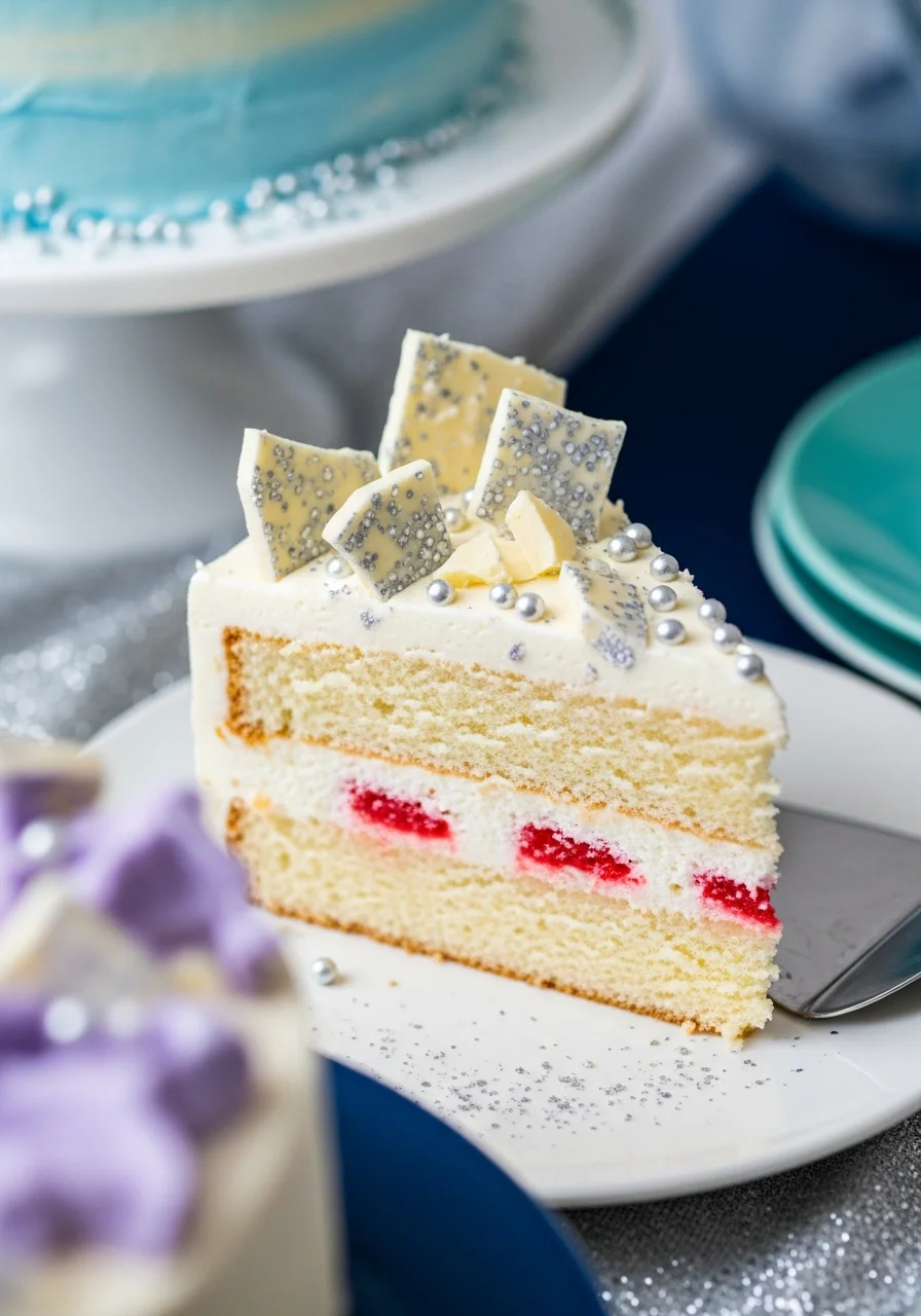 A slice of white cake with peppermint filling and white chocolate bark on top.
