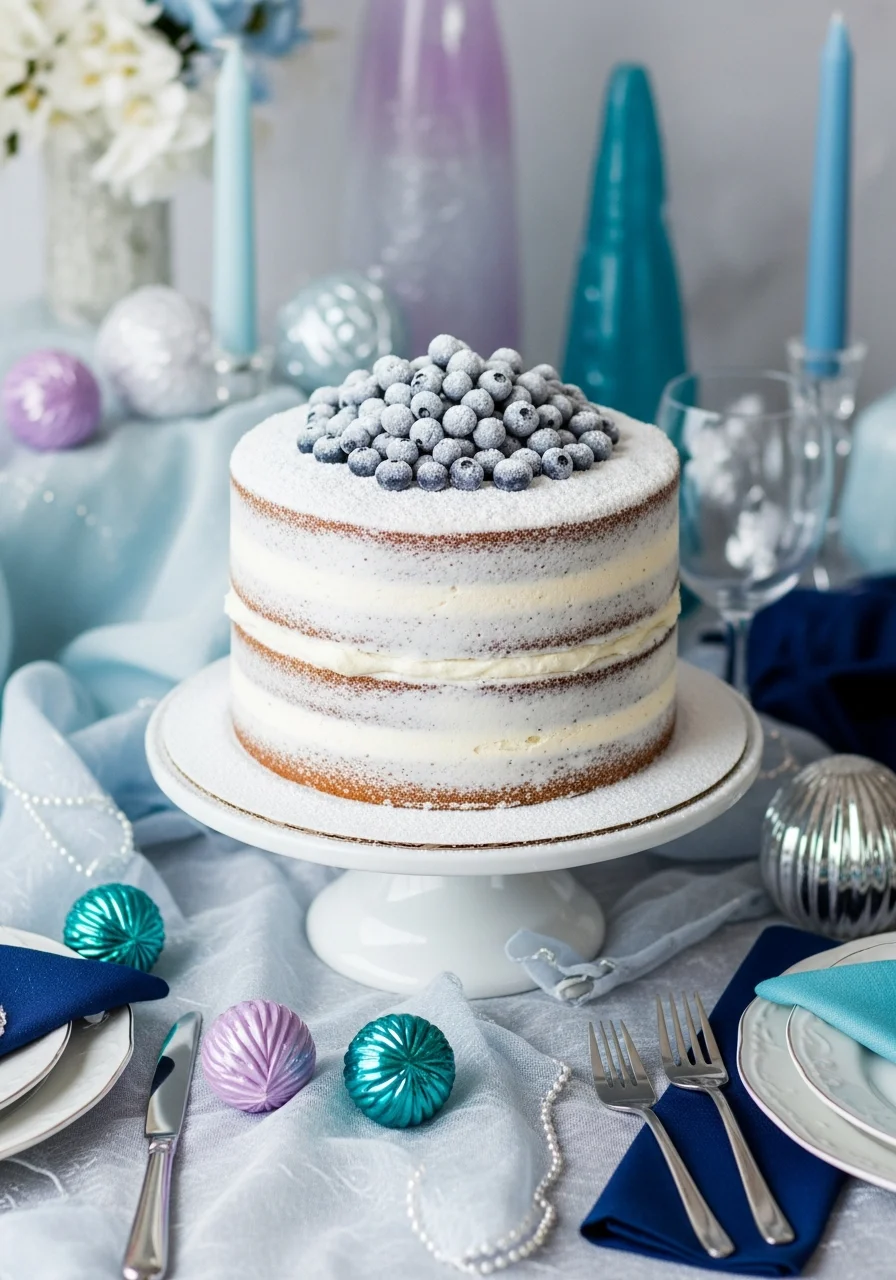 A rustic naked cake dusted with powdered sugar and topped with sugar-coated blueberries.