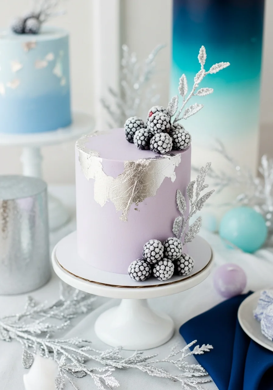 A lavender cake with silver leaf accents and sugar-dusted blackberries.