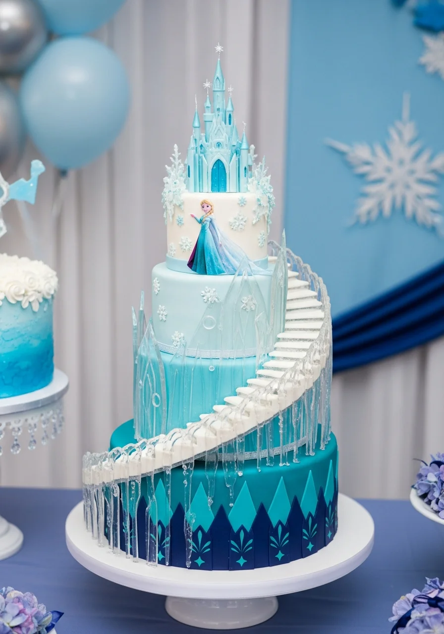 A two-tier cake with a clear sugar spiral staircase wrapping around the sides.