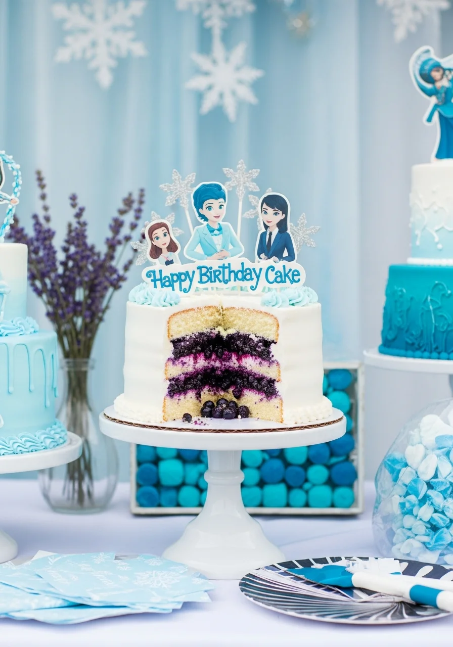 A cross-section of a white cake showing a vibrant navy-blue fruit filling.