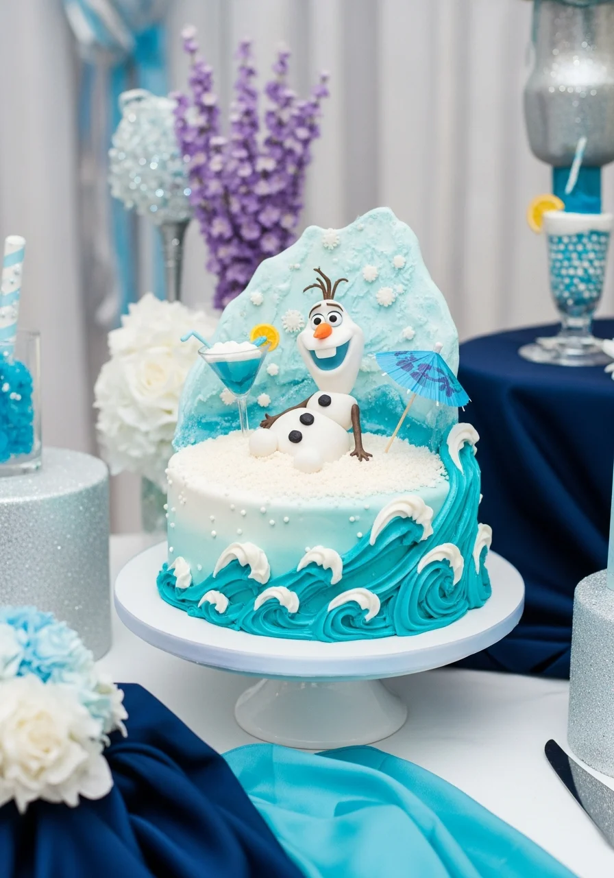 A cake with blue waves and a sugar sand top featuring an Olaf figure under a miniature umbrella.