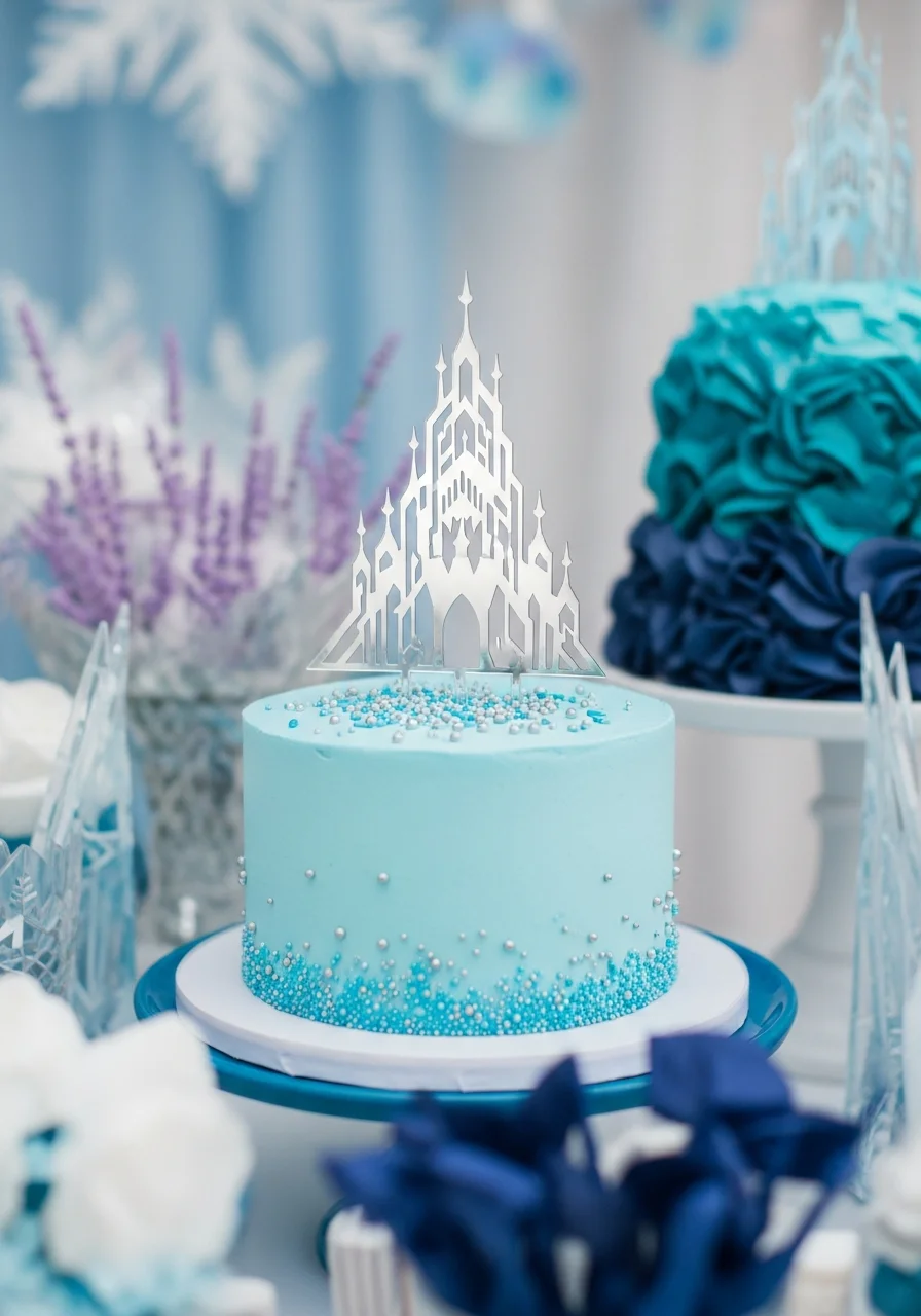 A sky blue cake with a silver castle silhouette topper and silver pearl decorations.