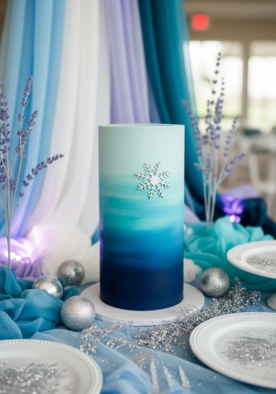 A tall cake with a vertical ombre transition from dark navy blue to pale sky blue.