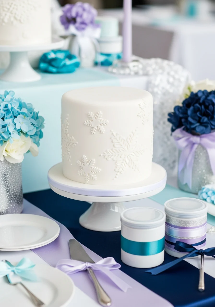 A white cake featuring embossed white snowflake patterns created with a stencil.
