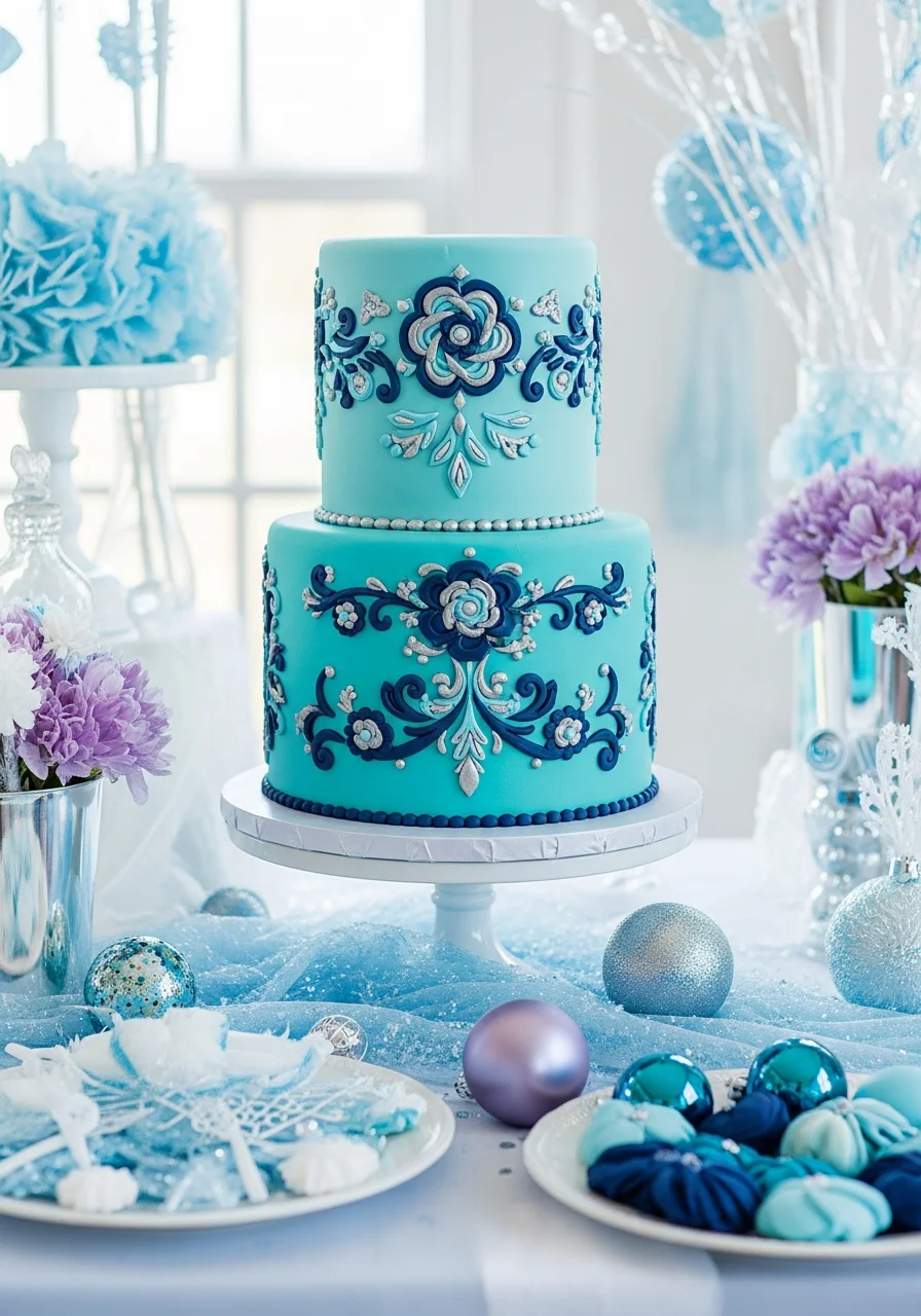 A teal cake with navy and silver floral piping inspired by Norwegian Rosemaling.