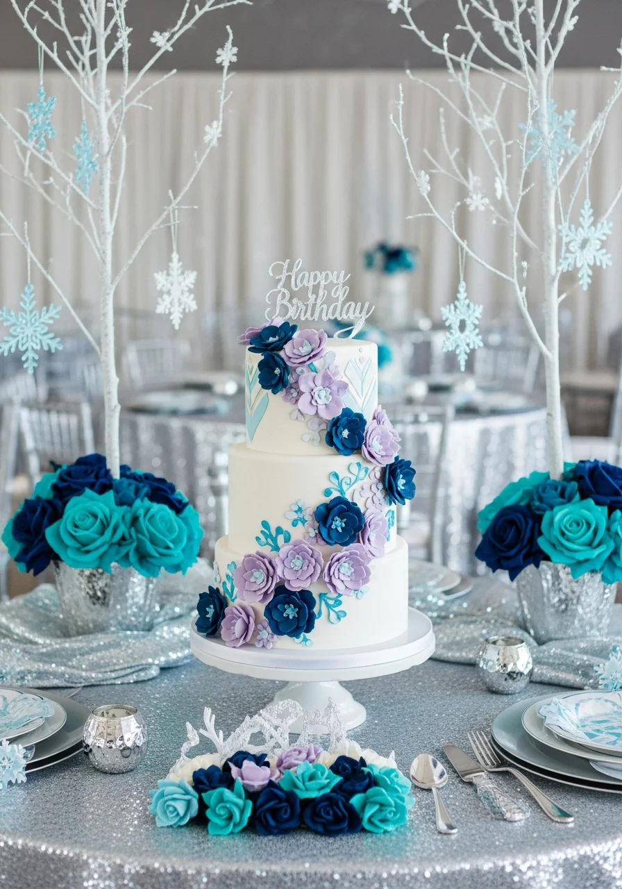 A white cake adorned with navy and lavender sugar blossoms and silver leaves.