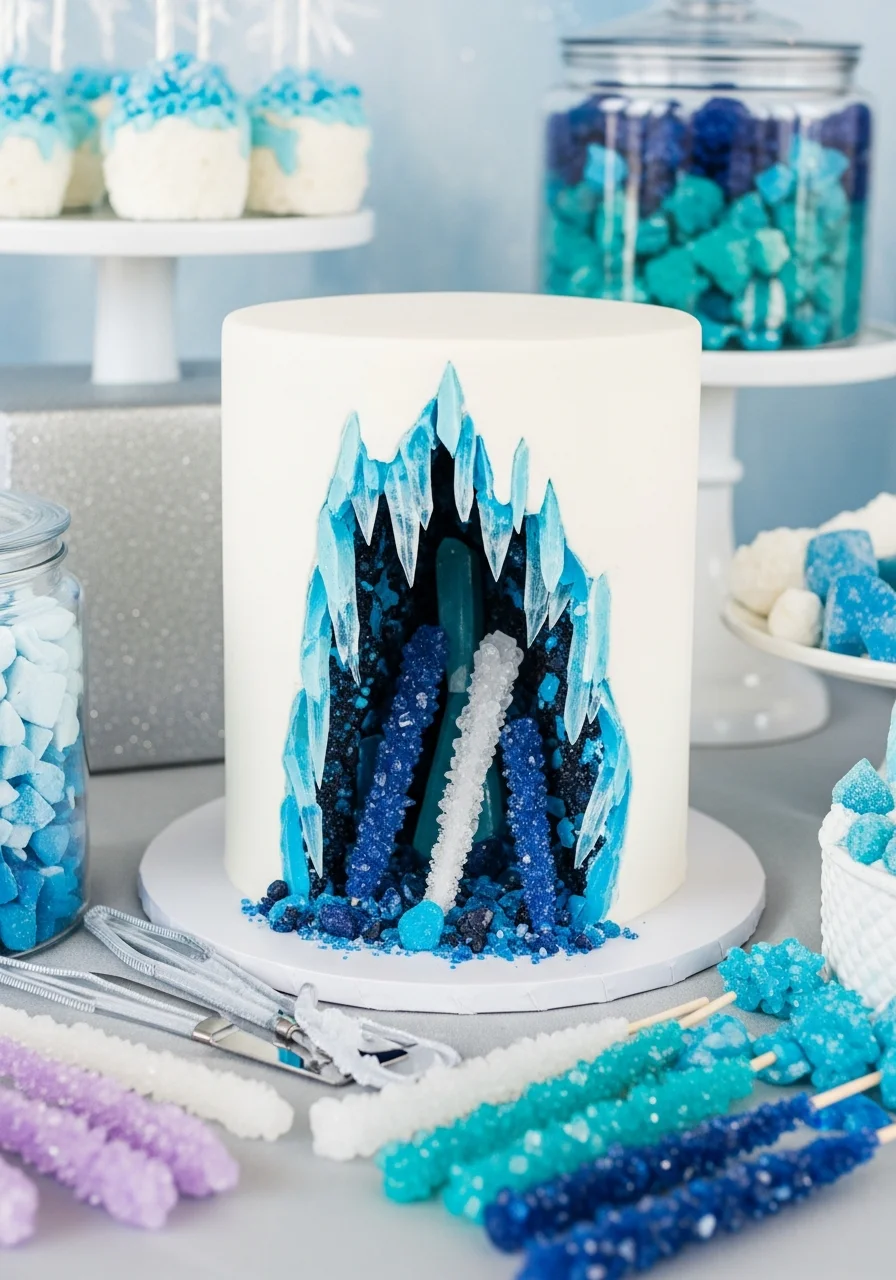 A white cake with a geode cut-out filled with dark blue and clear rock candy crystals.