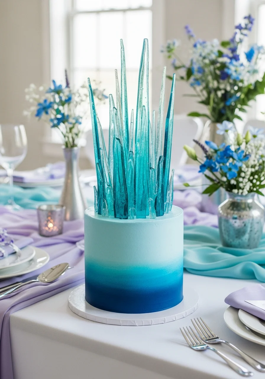 A blue ombre cake topped with sharp, translucent shards of teal sugar glass.