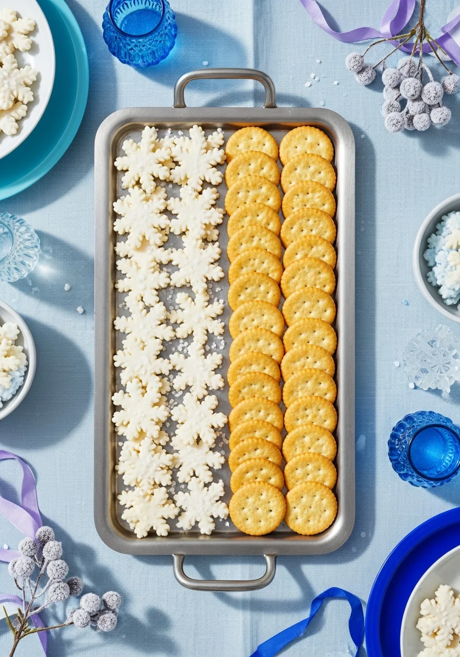 Snowflake-shaped cheese slices on a silver tray with crackers.