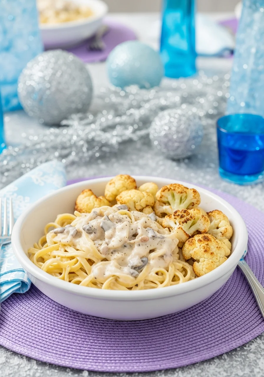 White pasta with alfredo sauce and cauliflower in a white bowl.