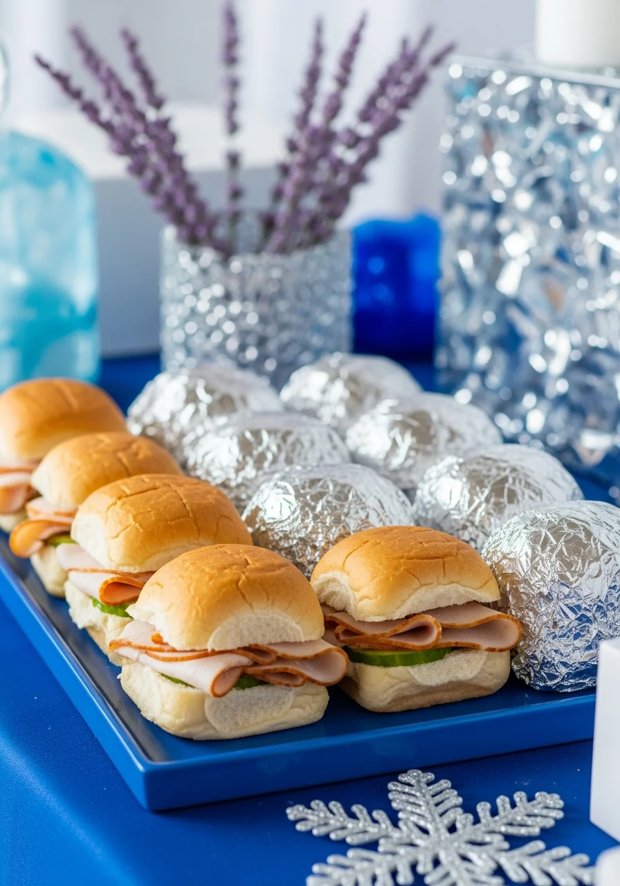 Small sandwiches on white rolls wrapped in silver foil.
