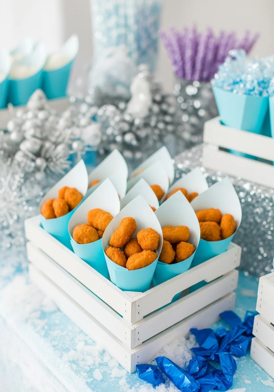 Chicken nuggets in blue paper cones inside a white crate.