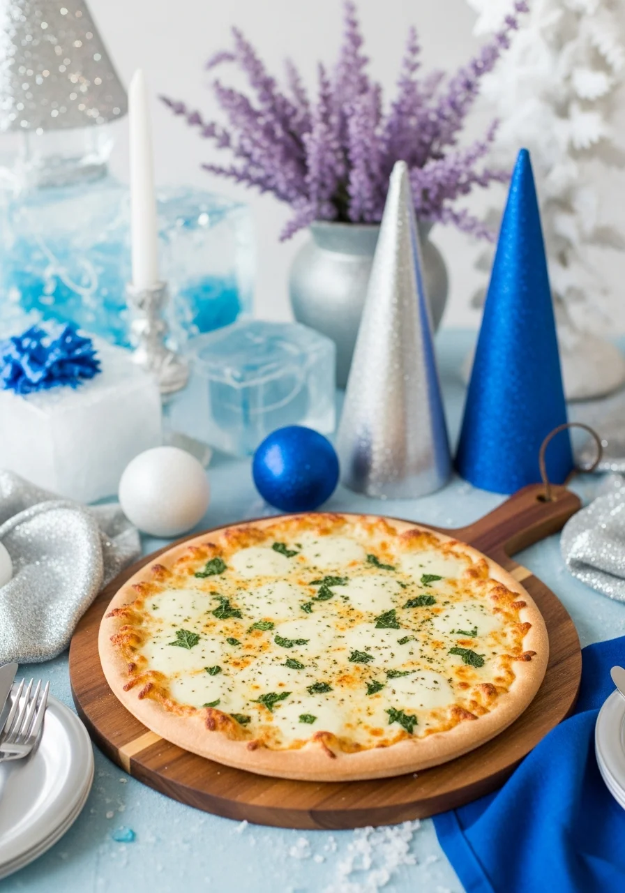 A white cheese pizza without tomato sauce on a wooden board.