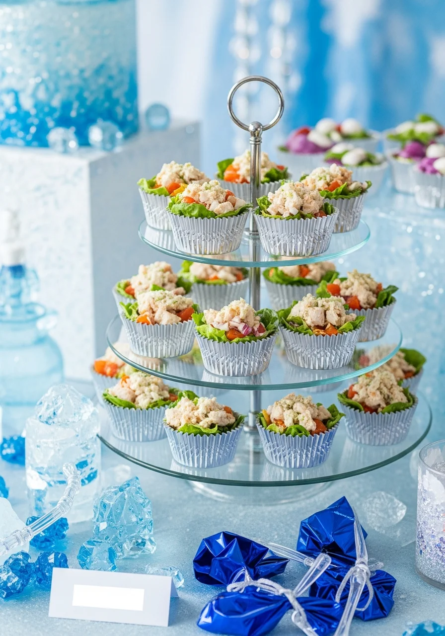 Chicken salad in silver liners on a tiered stand.