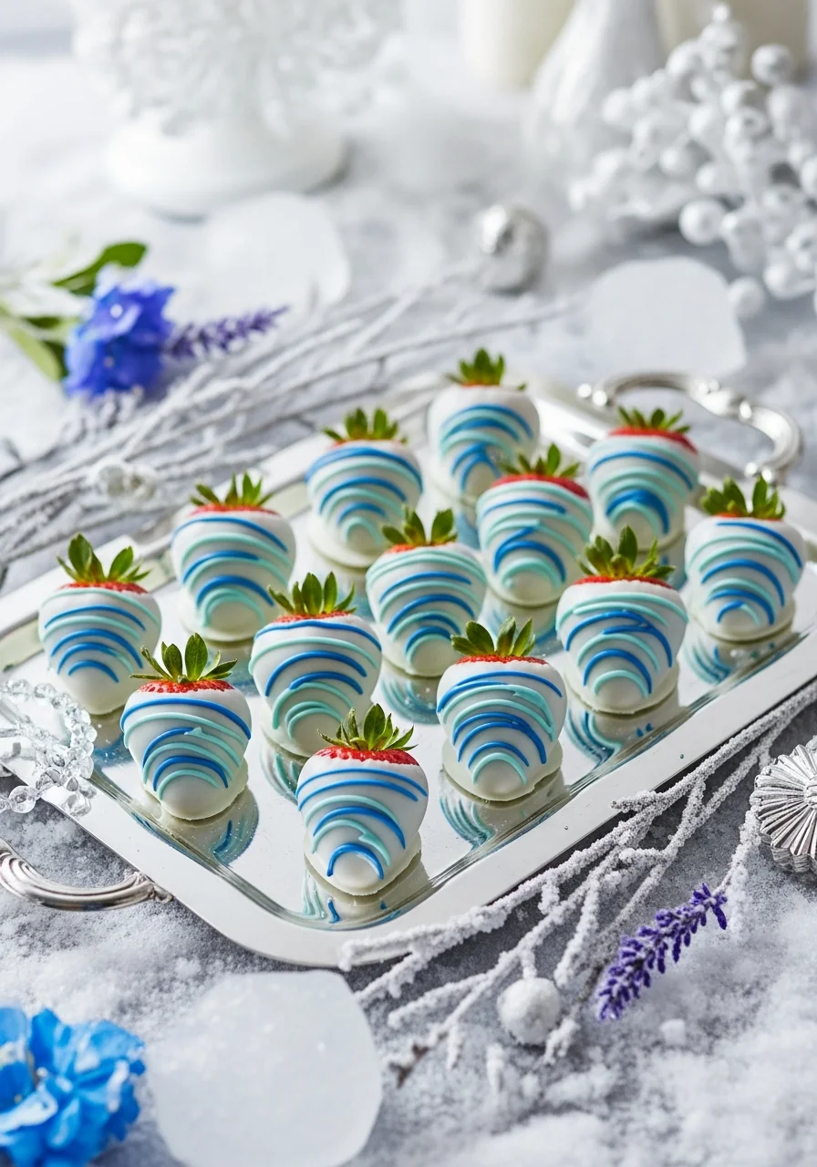 White chocolate dipped strawberries with blue marbling.