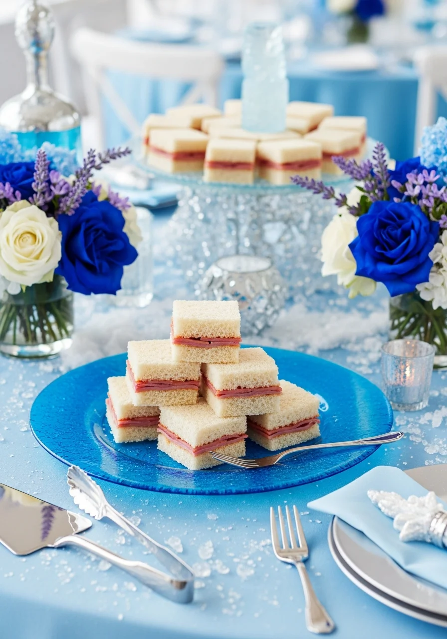 Square white sandwiches stacked on a blue glass plate.