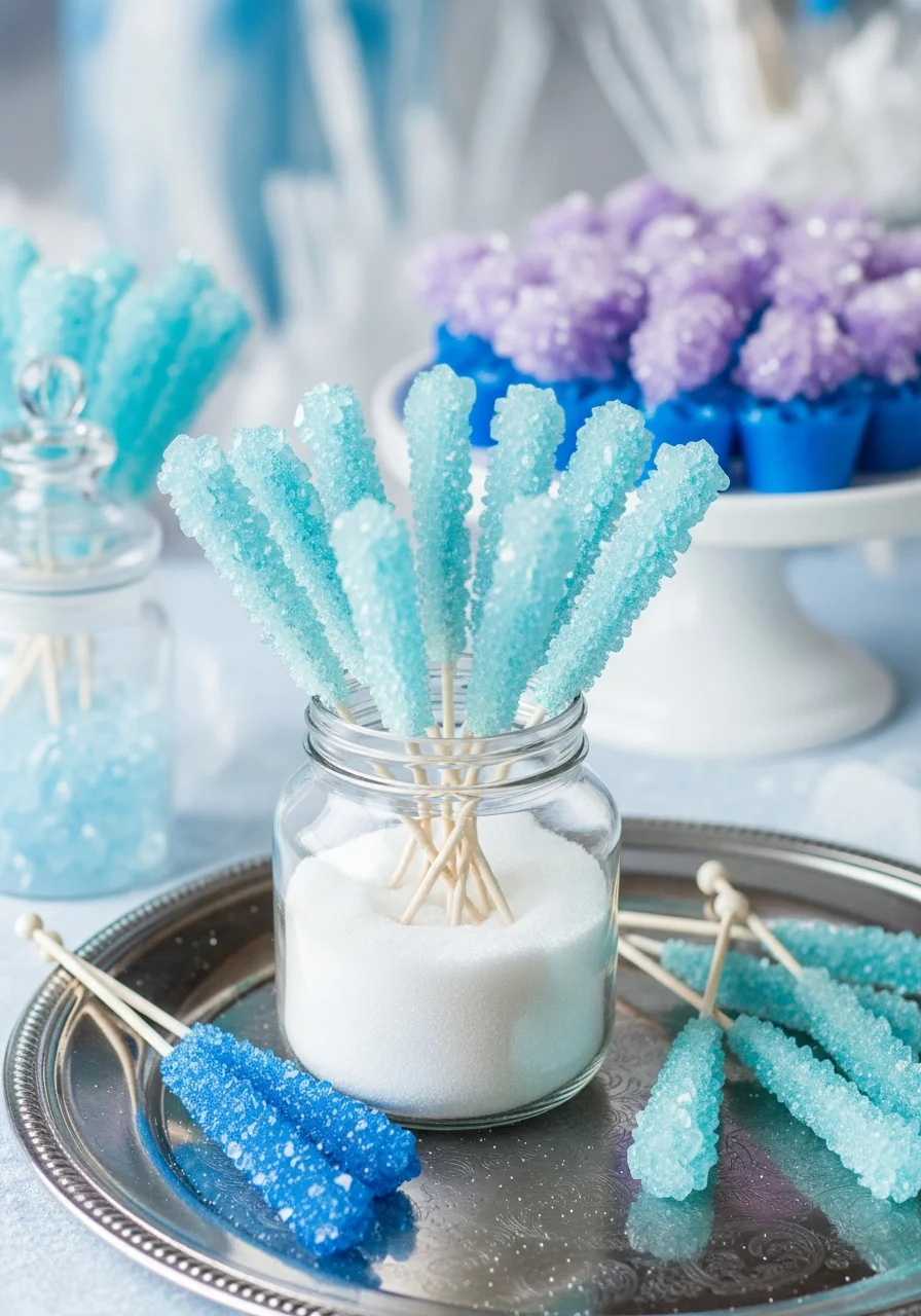 Blue rock candy sticks in a jar on a silver tray.